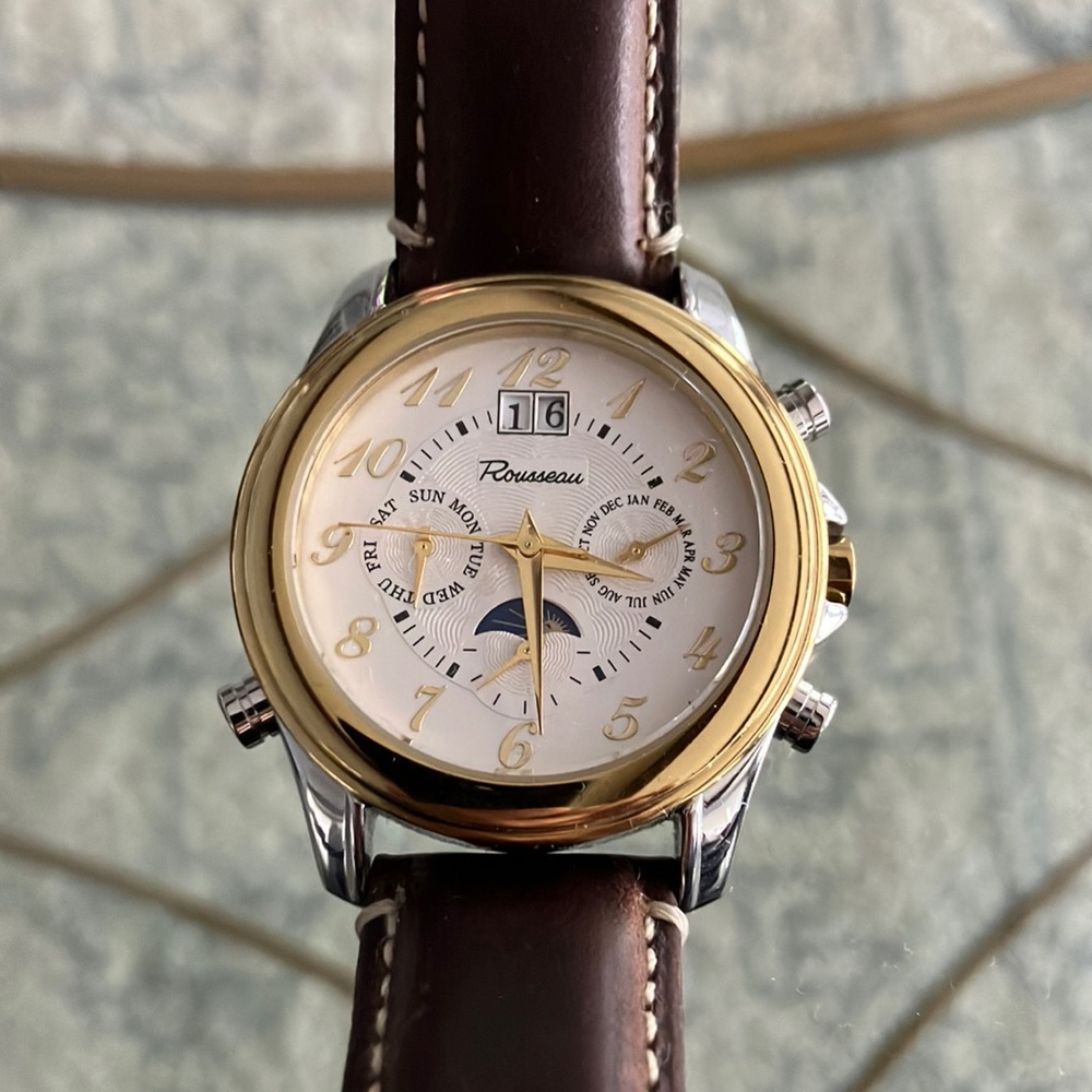Selling my use Rousseau watch. This is a 39mm case, include date, week, month.